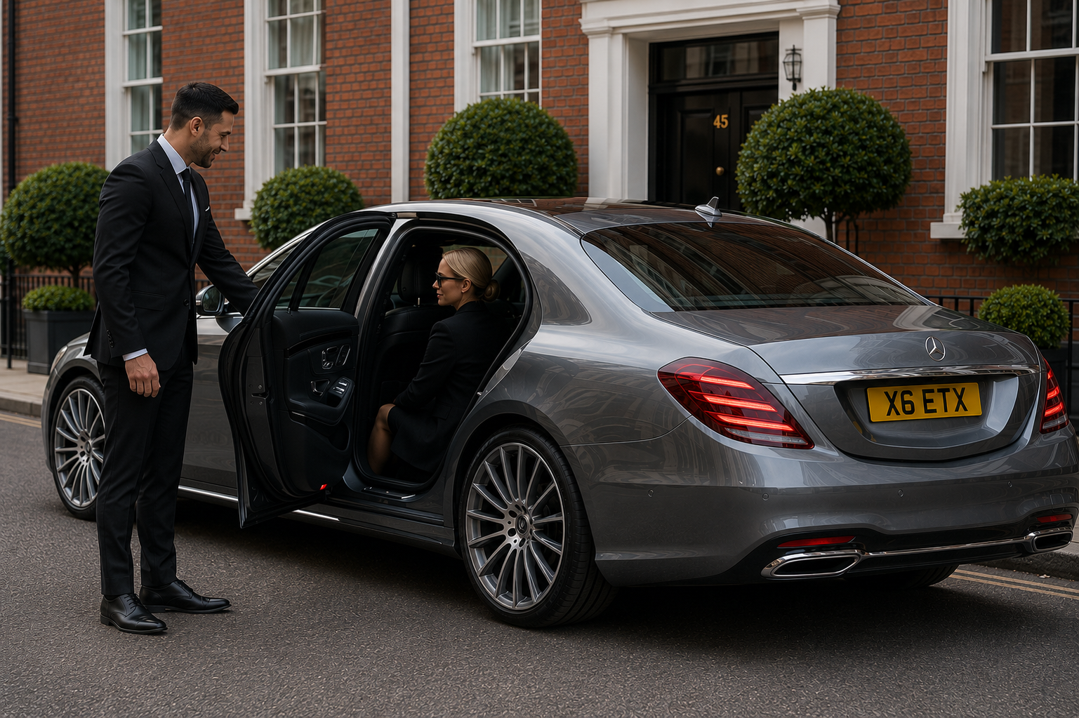 Passenger arriving by Mercedes S Class chauffeur service in Manchester